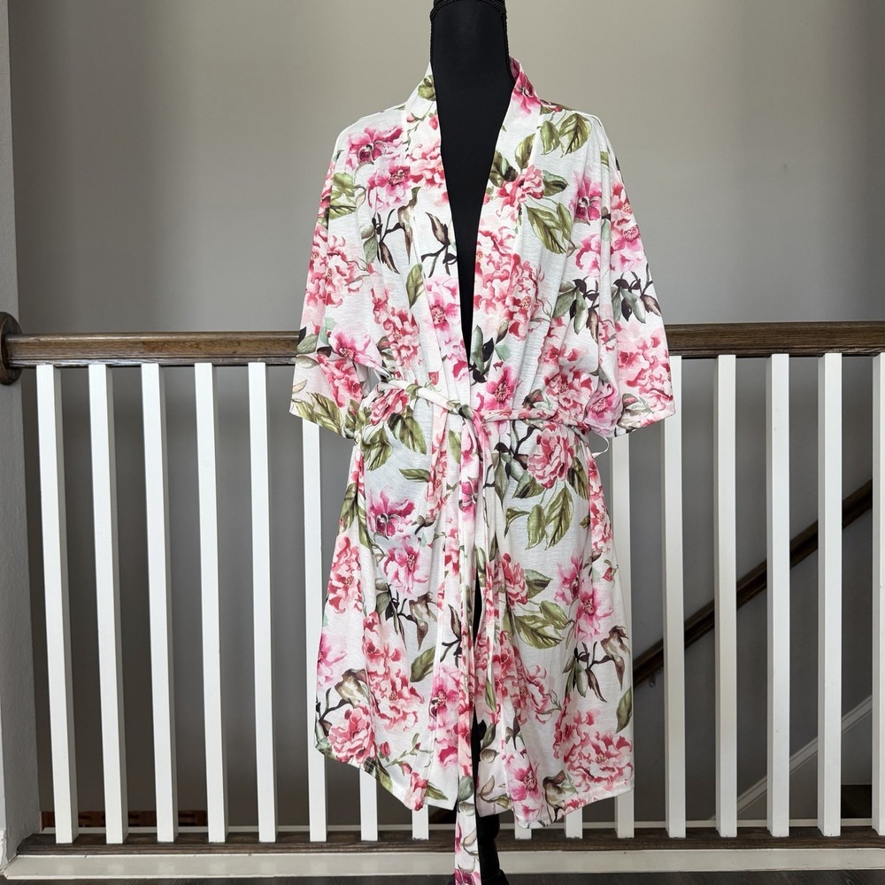 Show Me Your Mumu White Pink Floral Belted Robe One Sz Cottage Feminine Romantic